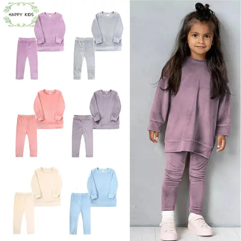 1-7Y Kids Baby Meisjes Mode Fluwelen Outfits Peuter Trui Top Leggings Broek Kleding Winter 2 Stuks Kinderen Trainingspak Sets 231225