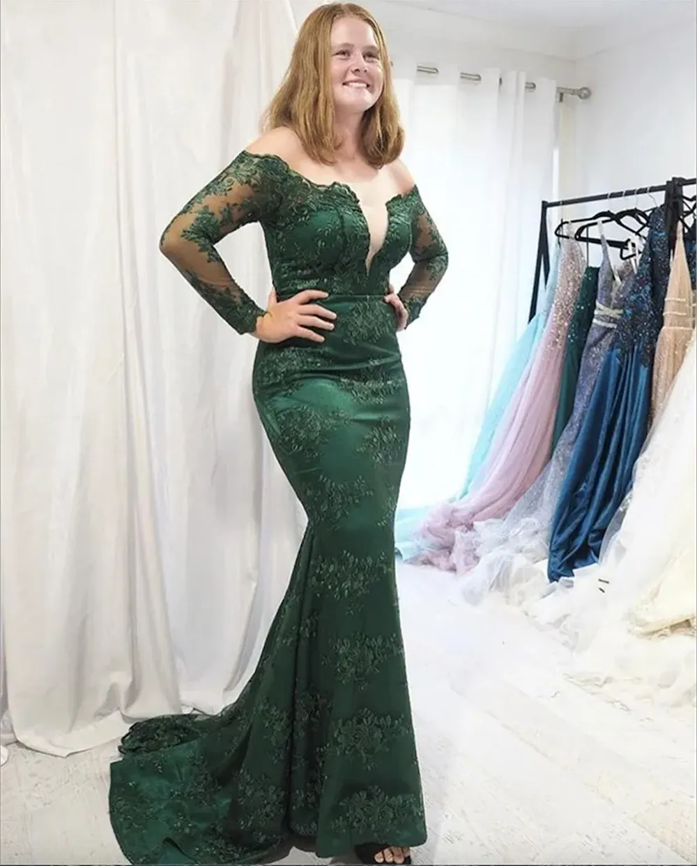 Dark Green Mermaid Lace Evening Dresses Long 2024 Off Shoulder Long Sleeves Appliques Formal Prom Party Gowns vestido de noite Plus Size