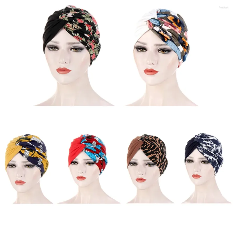 Etniska kläder Cross Knot Turban Cap Women Fashion Print Twisted Bonnet Hat Female Muslim Headscarf Soft Night Caps Round Sleeping Femme