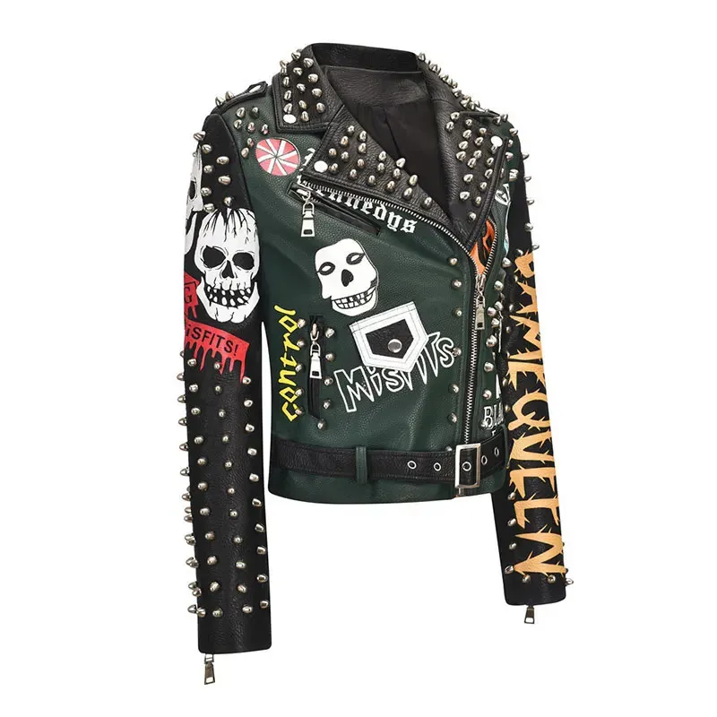 Spring Skull Pattern Graffiti Short Leather Jackets For Punk