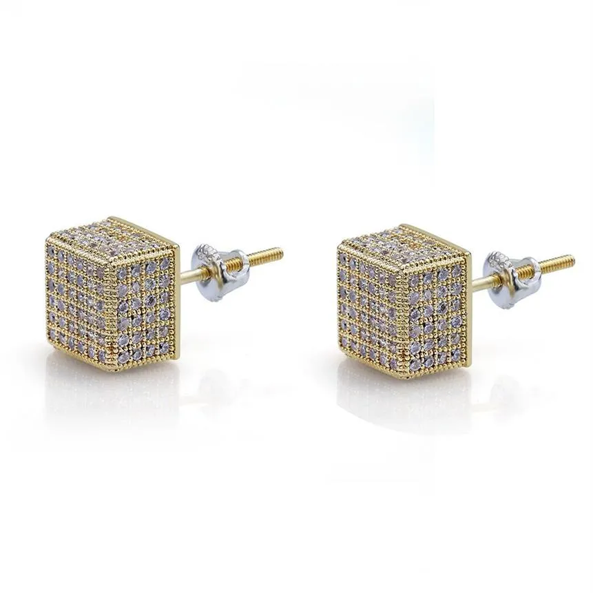 Mens Earrings Micro Pave Square CZ Gold Plated Iced Out Diamond Bling Stud Earings290g