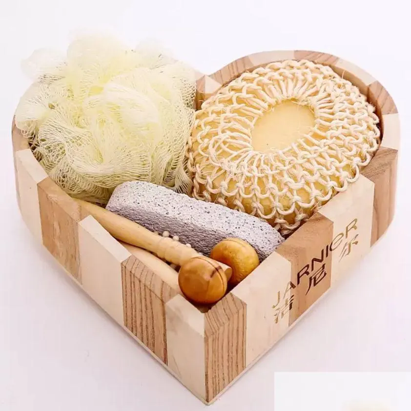 목욕 브러시, 스폰지 스크러버 6pcs 프로모션 목재 하트 모양 선물 상자 목욕 액세서리 Sisal Sponge/ Comb Wooden/ Mas 브러시/ 스파 OTGXG