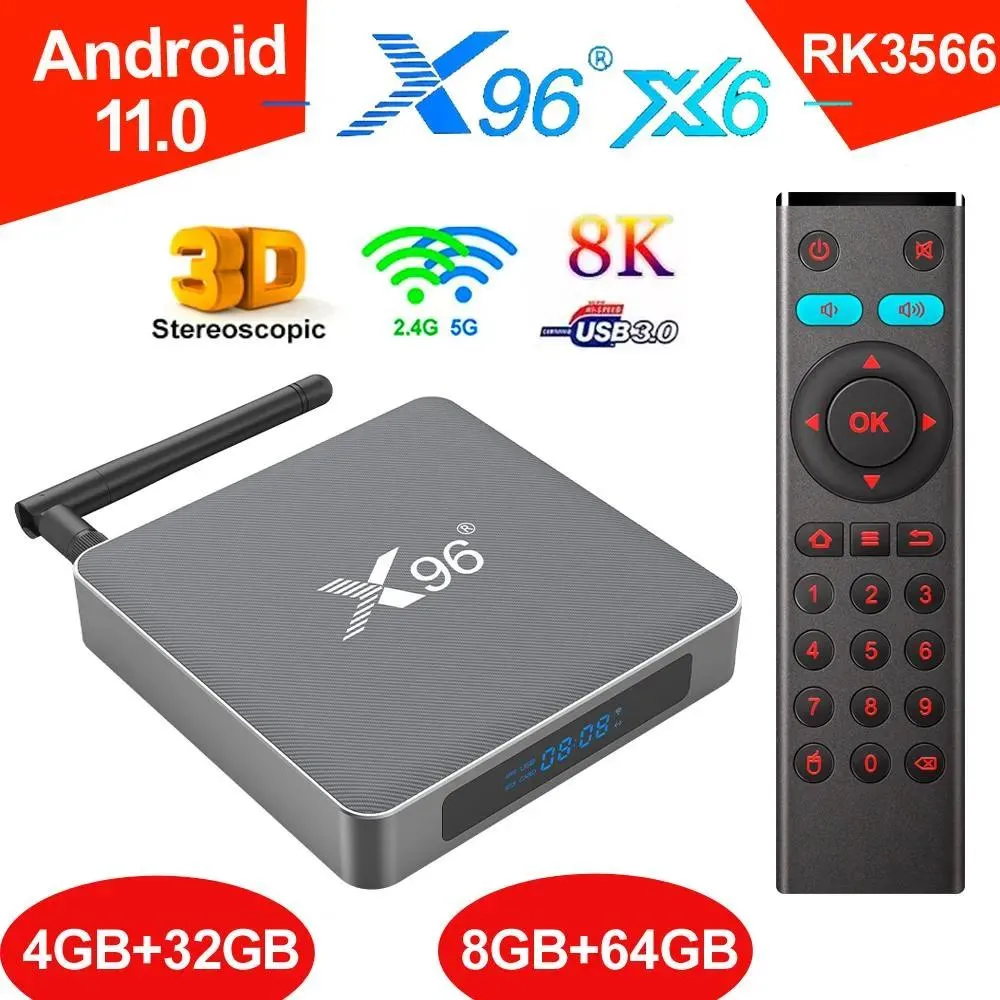 Box X96 X6 Android TV Box 8GB 128GB 4G32G RK3566 Quad Core Smart Media Player 2,4G 5G 2T2R Wifi Aluminium Legierung Shell Android11 TVbox 4