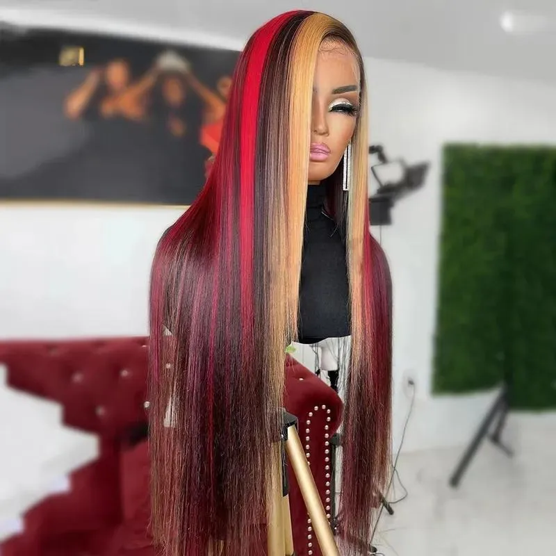 Perruques Lace Frontal Wig synthétiques lisses sans colle, cheveux naturels, à reflets rouges et blonds, 13x4, pour femmes