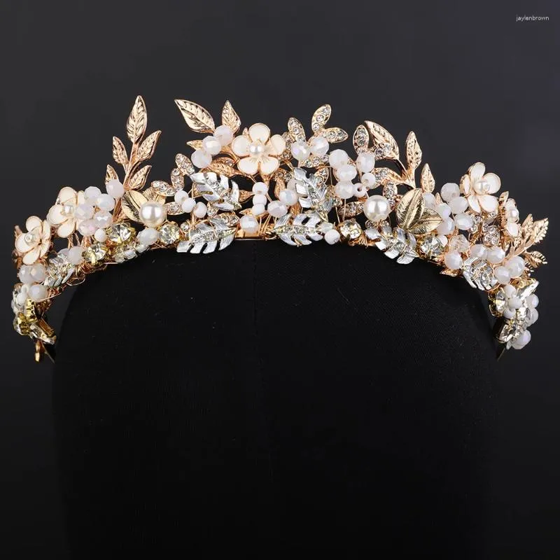 Headpieces Handgjorda brudhårtillbehör Guld Brudblomma Crown Wedding Head Jewelry Girl Tiaras Crystal Headdress för flickvän
