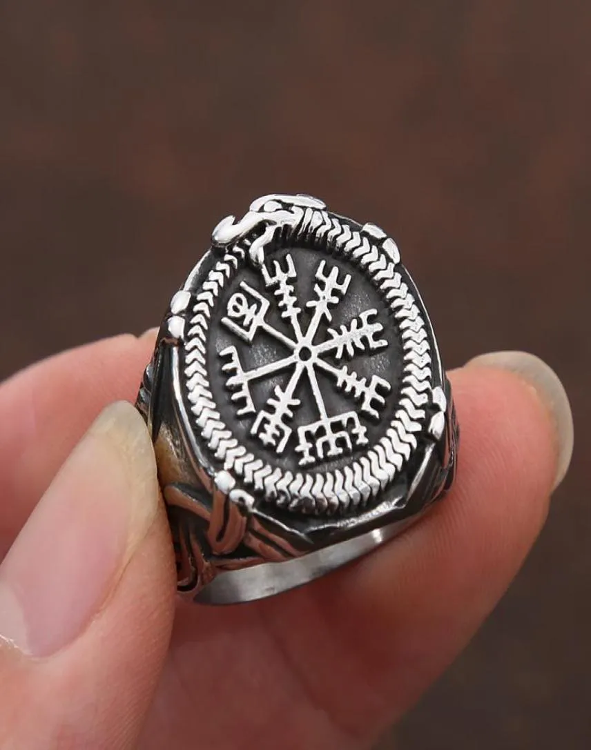 Кольца кластера, винтажное кольцо с компасом викингов, кольцо из нержавеющей стали, мужские скандинавские этнические верования, ювелирные изделия Aegishjalmur7220353