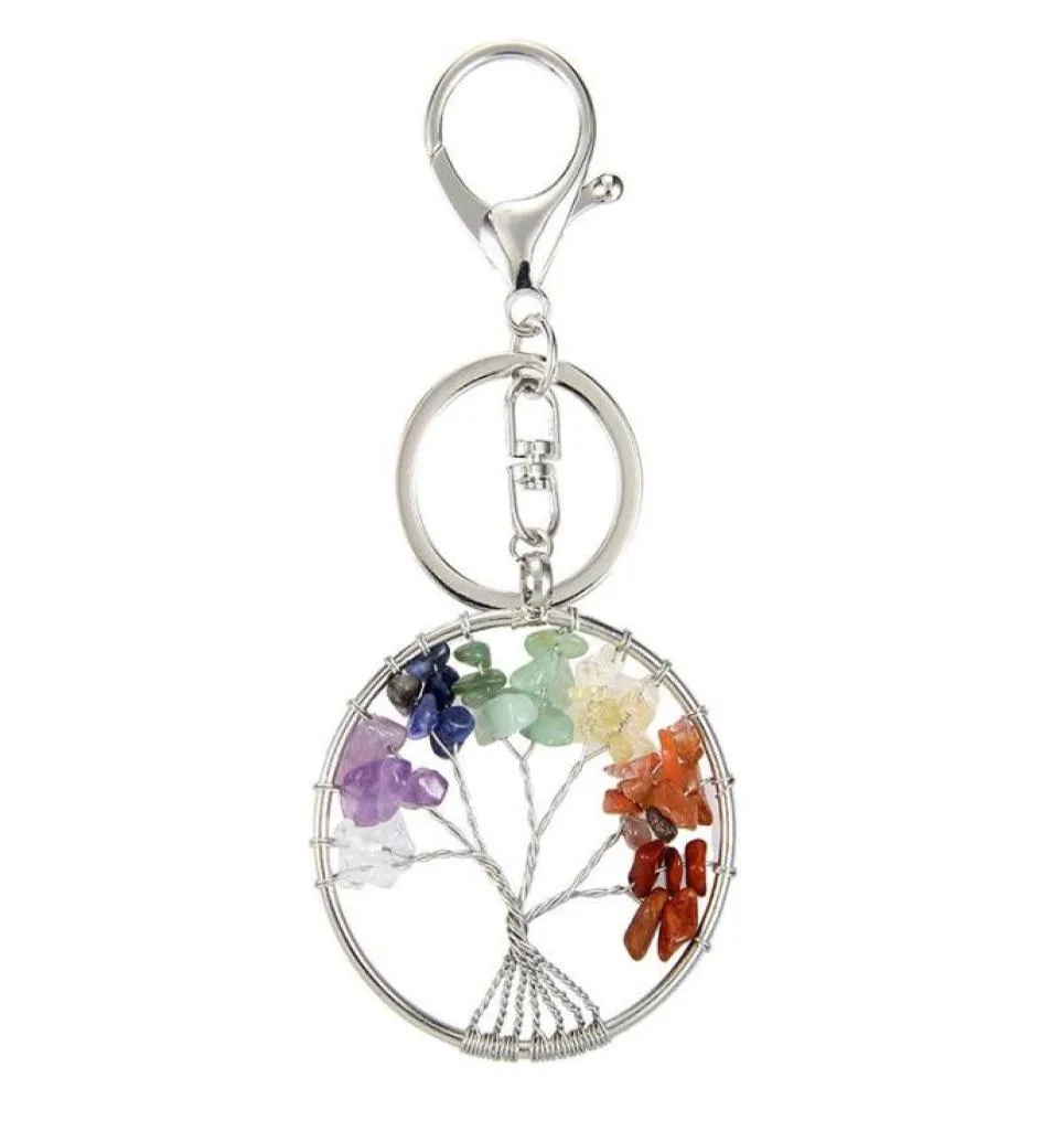 Tree of Life Pendant Keychains Natural Crystal Stone Keyring Key Chain 7 Chakra Healing Round Handmade nyckelringbil Key Holder Bag7265013