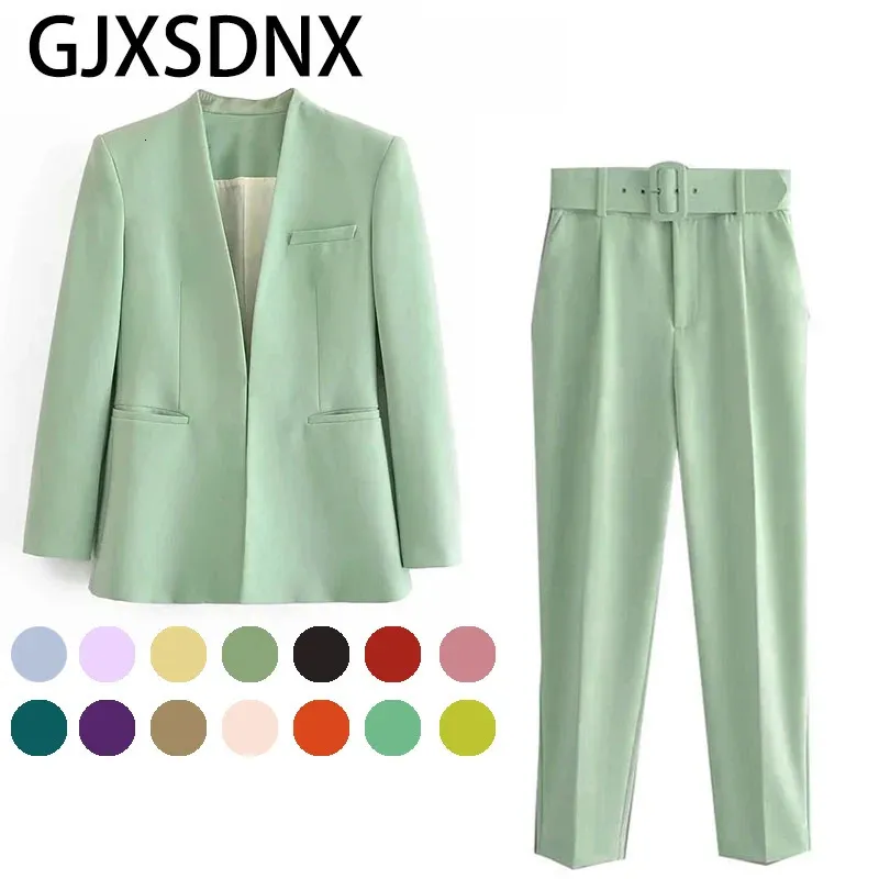 GJXSDNX femmes mode deux pièces ensembles TRAF tenue de bureau blazers manteau et avec ceinture taille haute pantalon Simple couleur unie costume 231225