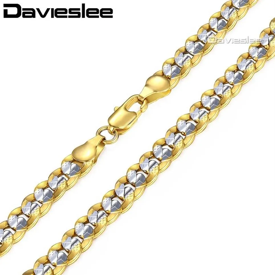 Davieslee Silver Color Yellow Gold Filled Halsband för herrkedja Hammerad Cut Round Curb Cuban Link 6mm264n