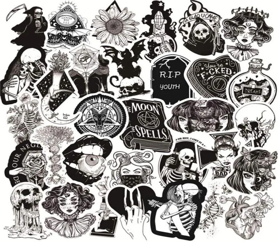 50pcsLot Gothic Stickers for Water BottleBlack White Skull StickersWaterproof Stickers Perfect for Laptop Phone Car Skate5227339