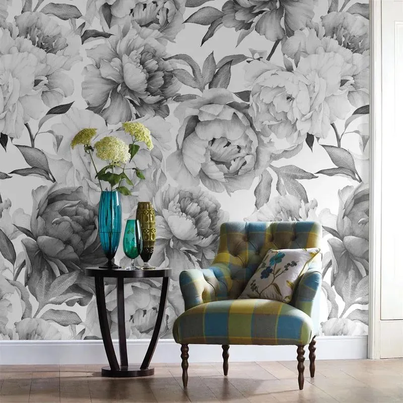 Wallpapers wholesalegrey zwart -witte bloemen aangepaste 3D muur papier muurschildering op de muur groothandel voor kantoor woonkamer vergaderruimte