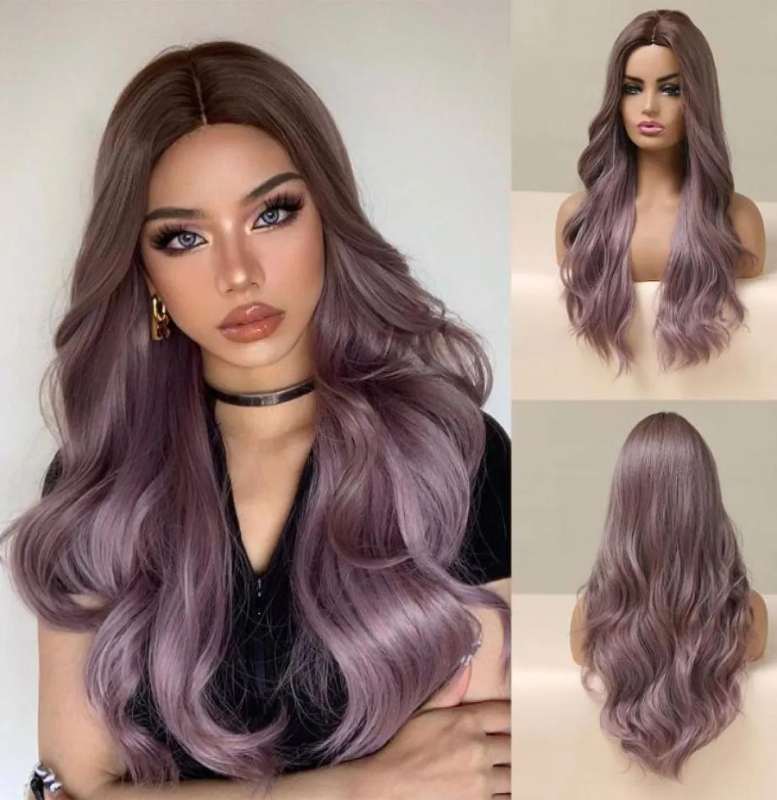 Perruques synthétiques HENRY MARGU longs ondulés Ombre brun violet pour femmes partie moyenne naturelle Cosplay Lolita cheveux résistant à la chaleur6901793