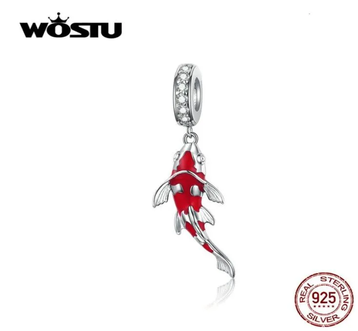 Wostu Lucky Carp Dangle Charm 925 Sterling Silver Red Enamel CZ Beads Fit Original Bracelet Pendant Silver 925 Jewelry CTC085 CJ197411291