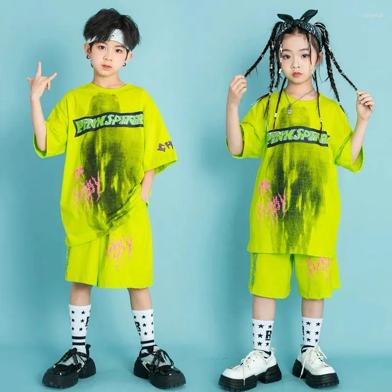 Stage Wear Vert Kpop Tenues Filles Garçons Hip Hop Dance Rave Vêtements Jazz Performance Costumes Pour Enfants Lâche Fluorescent