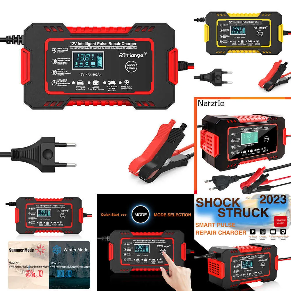 Car New New Car Battery Charger 12V Pulse Repair LCD Display Smart Fast Charge AGM Deep cycle GEL Lead-Acid Charger For Auto Motorcycle