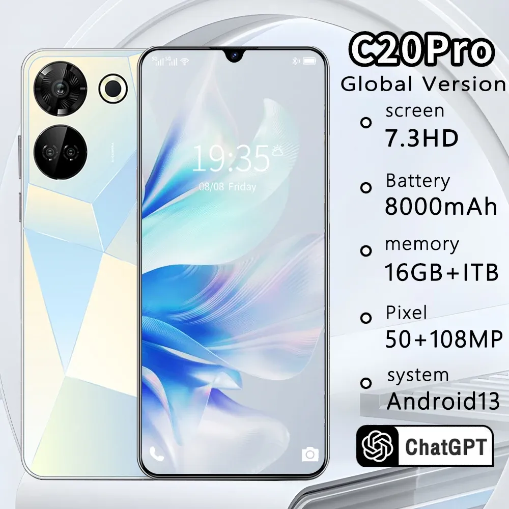 2024 Zupełnie nowy Global C20 Pro 7.3HD Ekran 16 GB+1 TB 8000MAH 50MP+108MP CELULARE DUAL SIM FACE ODLOPOWANE 5G Oryginalny tablet telefonu komórkowego