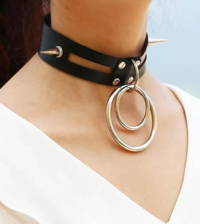 Sexig nitläder Choker -halsband Big Metal Circle Slave Harness BDSM Collar Necklace Sex Toys For Par Adult Sex Games1700896