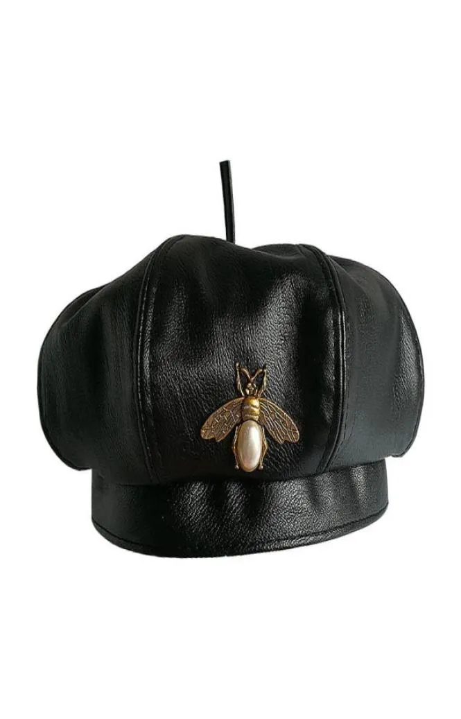 Chapeau en cuir Pu noir pour femmes, Vintage Bee, à la mode, bonnet pour dames, béret pour filles, printemps et automne 6506647