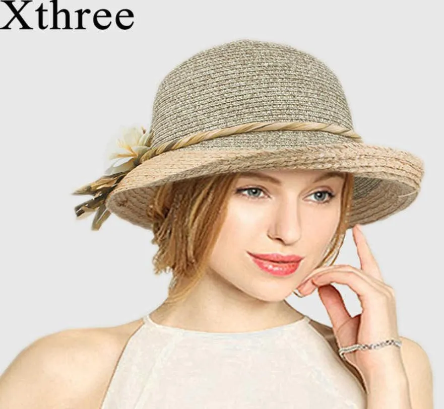 Xthree good quality Summer Hat女性ラフィアストローキャップレディースビッグブリムサンフォールビーチ2106117912354