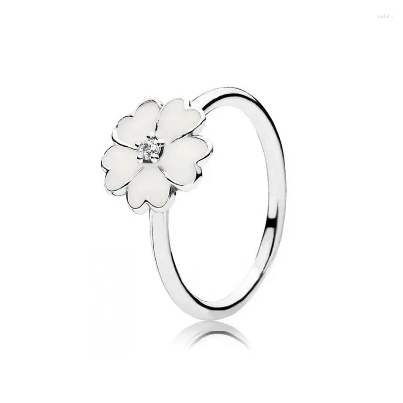 Klaster pierścionków Autentyczny 925 Sterling Silver White Primrose Fashion Pierścień dla kobiet prezent biżuterii DIY