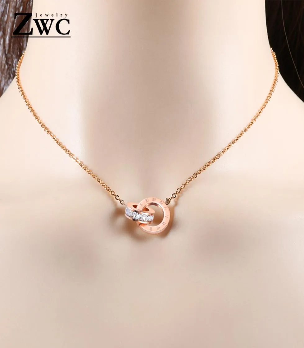ZWC mode charme romain numérique Double cercle pendentif collier pour femmes filles fête titane acier or Rose colliers bijoux 9776409