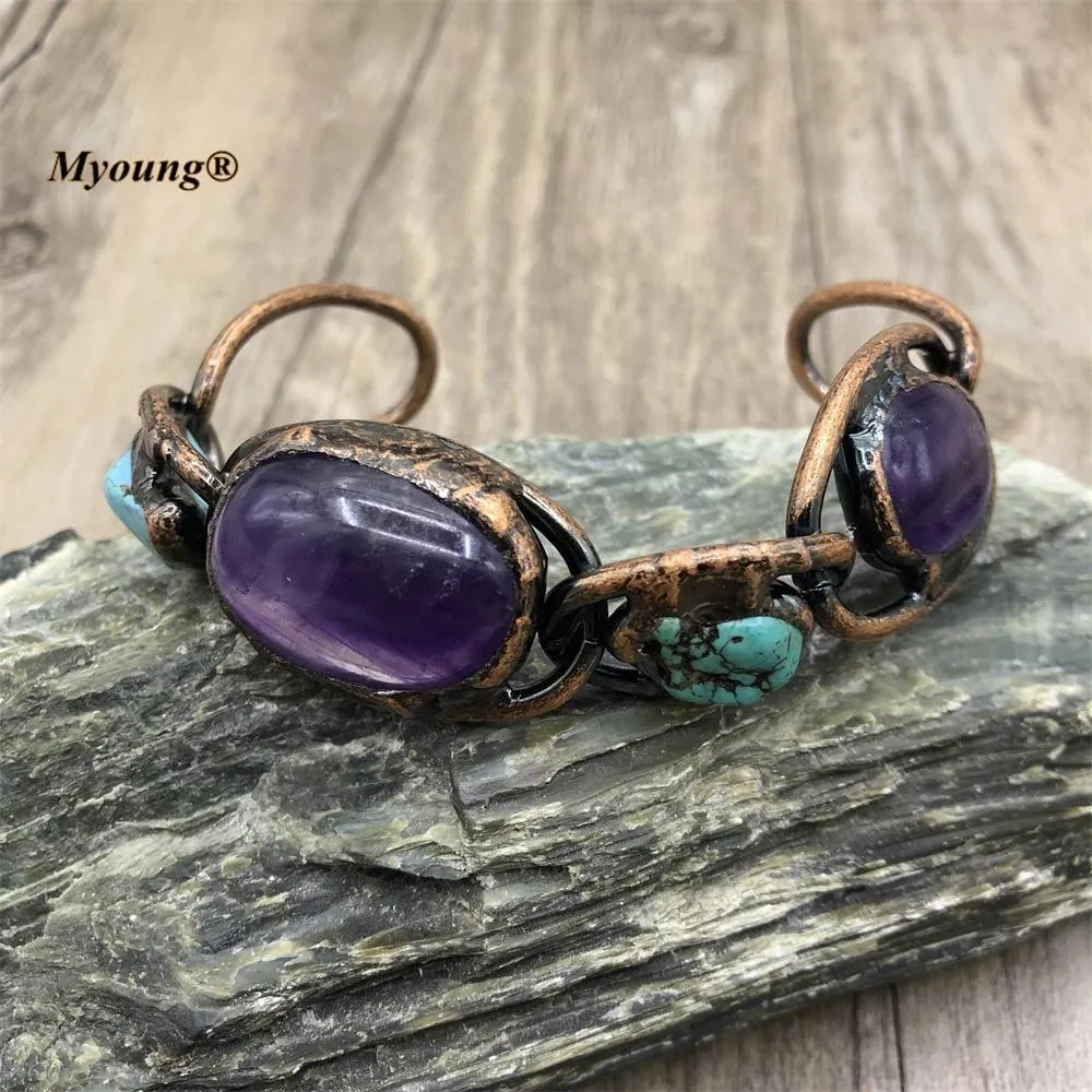 Bangle Bohemia Jewelry Soldering Bronze Plated Natural Amethysts Turquoises Stone Vintage Adjustable Cuff Bracelets For Women MY220818