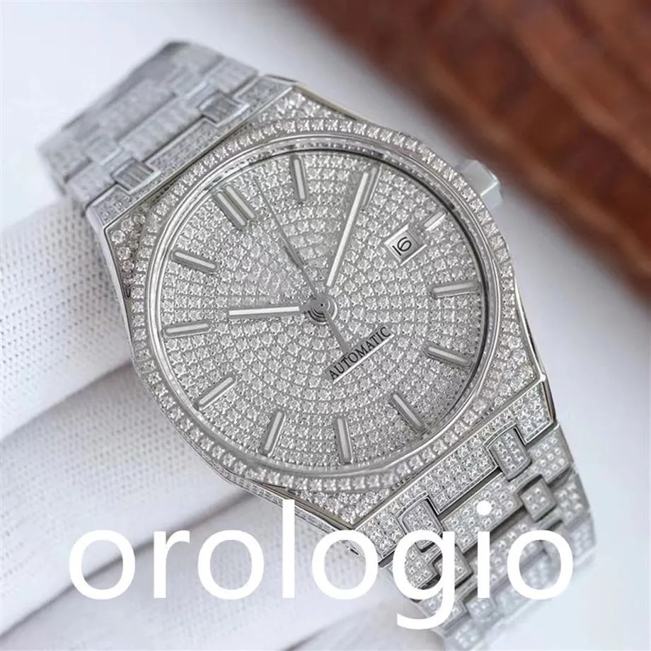 Yeni Tamamen Delilmiş Erkek Saat Otomatik Mekanik İzleme 41mm Diamondencrusted İnce Çelik Bilezik Moda İş Montre de Luxe221i