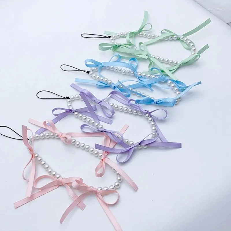 Keychains B36D Sweet Ribbon Bowknot Charm Pendant Beaded Phone Chain Straps Keychain Lanyard Hanging Decoration for Keys Bag Purse