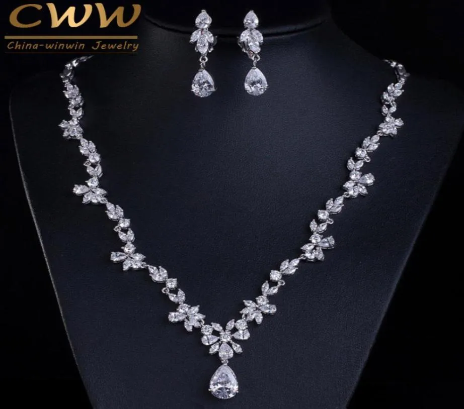 CWWZircons 2018 Nieuwe Bruiloft Kostuum Accessoires Kubieke Zirkoon Kristallen Bruids Oorbellen En Ketting Sieraden Sets Voor Bruiden T123 D183078026