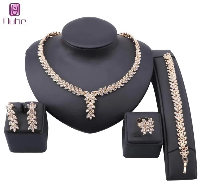 Leaf Shape Dangle Drop Party Crystal Wedding Earring Necklace Bracelet Ring African Nigerian Gold Color Jewelry Set for Brides9298989