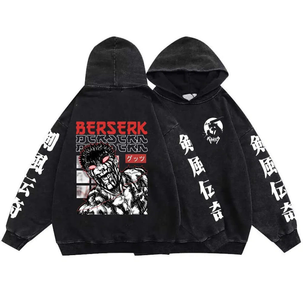 Guts Print Hoodies Berserk Sweatshirts 100 % Baumwolle Oversize gewaschen Männer Hip Hop Kleidung Y2k Anime Hoodie Herbst Top