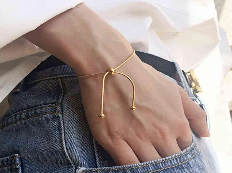 Simple Design Titanium Steel Pullout Adjustable Bracelet Gold Color Snake Chain Bangle for Women Girl Men Beads Jewelry Gift5773554