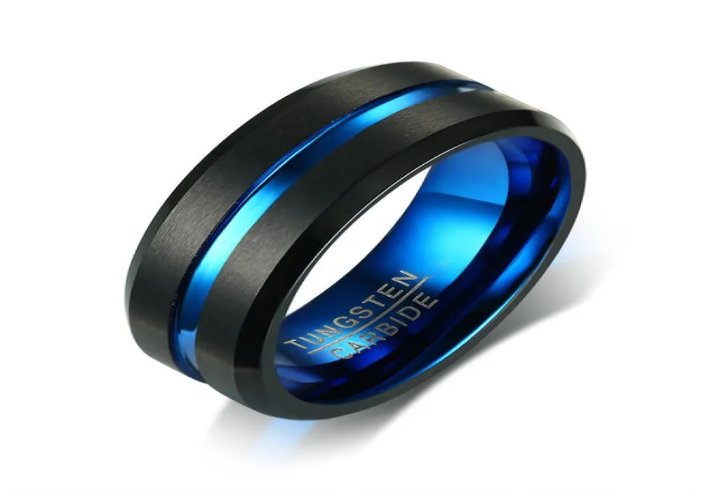 Men039s aliança de casamento dois tons 8mm anel de carboneto de tungstênio preto para homens ranhurados no centro escovado bordas chanfradas joias masculinas 9052261