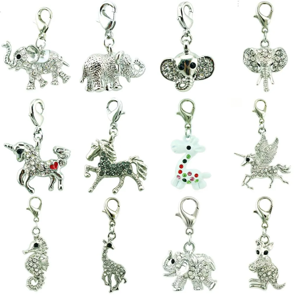 12pcsLot mélange blanc strass éléphants cheval animaux charmes pendentifs avec fermoir à homard bricolage pour la fabrication de bijoux accessoires7905261