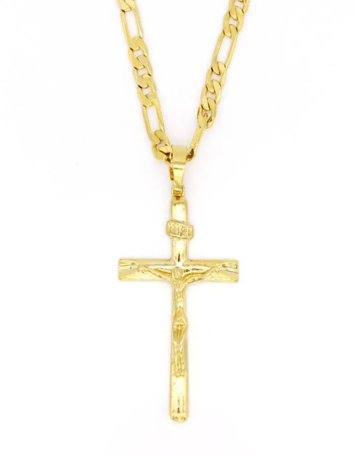 Véritable 10k jaune solide or fin rempli Jésus croix Crucifix charme grand pendentif 5535mm Figaro chaîne collier 24quot 6006mm1809827