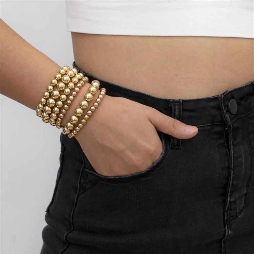 6 pçs conjunto 6mm 8mm 10mm cor de ouro contas pulseira para mulheres na moda declaração grande redondo frisado artesanal pulseira moda jóias bead204s