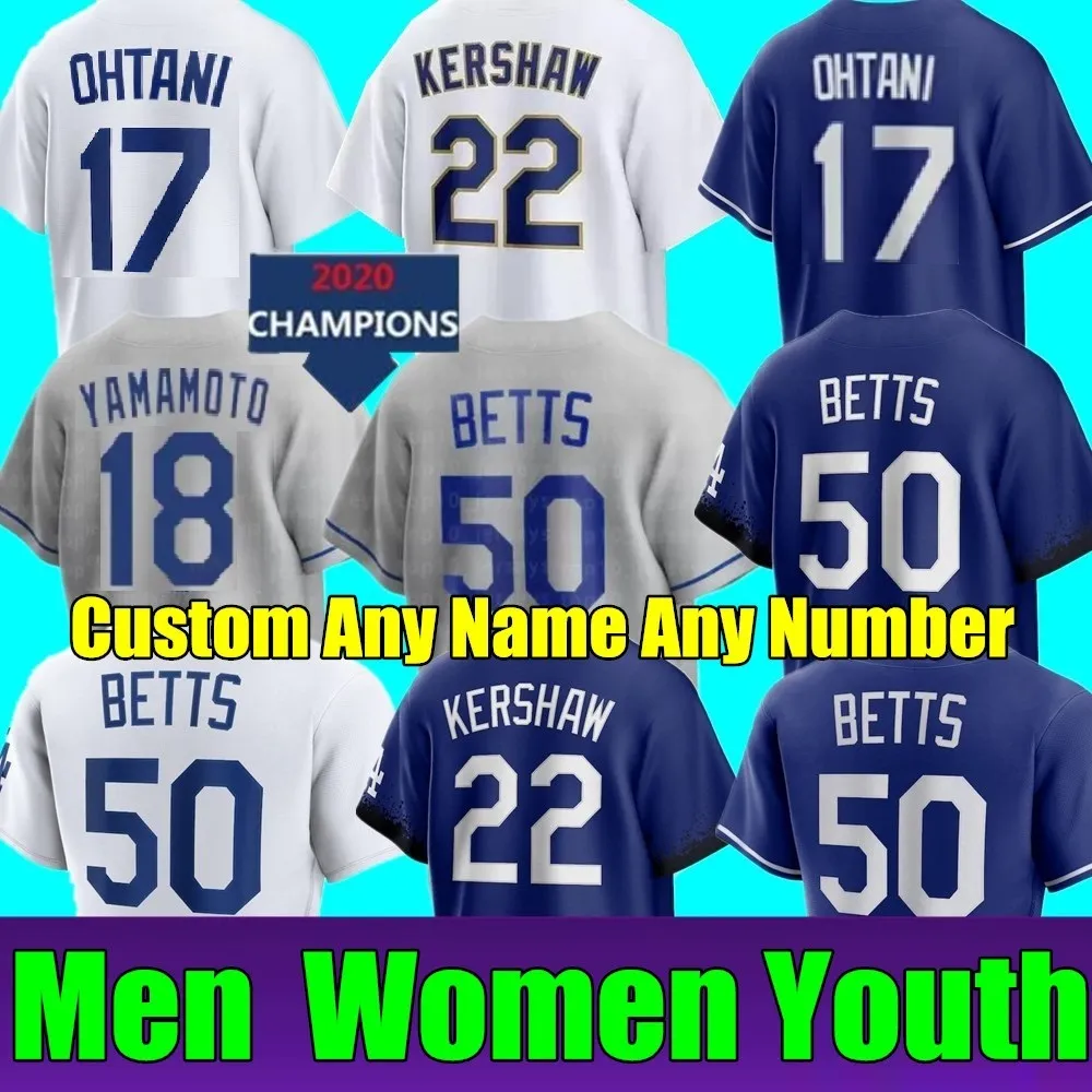 Nouveau personnalisé S-4XL 50 Mookie Betts Jersey 17 Shohei Ohtani 18 Yoshinobu Yamamoto Freddie Freeman Baseball Dodgers Clayton Kershaw James Outman Urias Hommes Femmes Jeunes