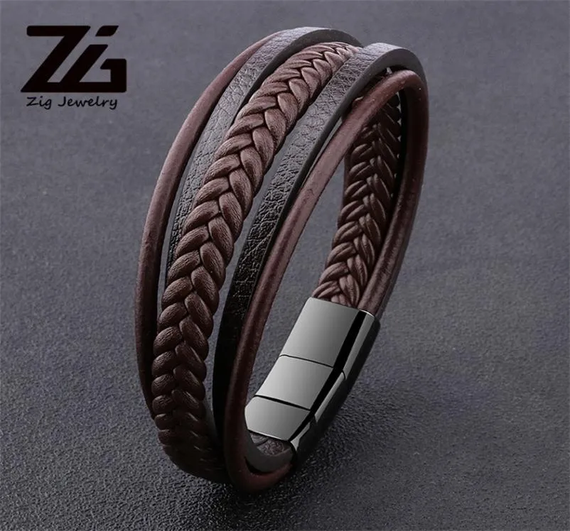 ZG Men039s Punk Gevlochten Lederen armband zwart Verstelbare Roestvrij Staal Magnetische gesp polsband mannelijke Sieraden Geschenken 2202223854074