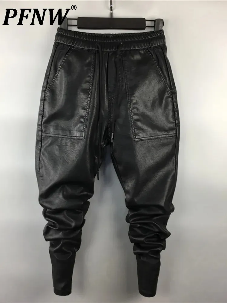 PFNW sarouel en cuir PU homme Style motard Streetwear noir taille élastique pantalon crayon doux homme automne Chic 12A1565 231225