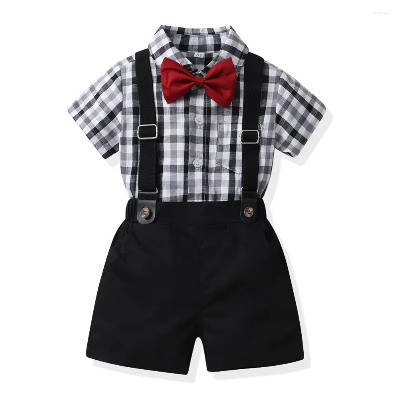 Clothing Sets Formal Boy Wedding Outfit Children Cotton Summer Set Black & White Plaid Top Kid Gentleman Suit Handsome 1 2 3 4 5 6 7Y