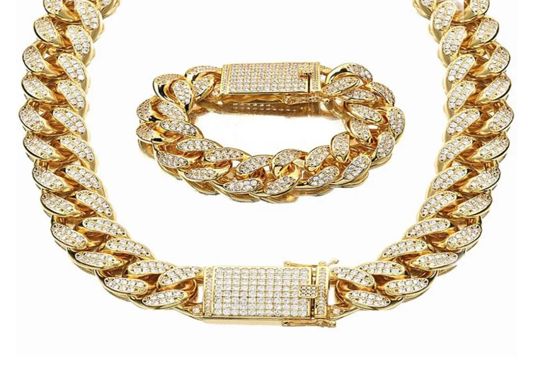 18 mm Szerszy hip -hopowy wysoko wypolerowany błyszczący w pełni sześcien cyrkonu zapięcie Miami Cuban Link Naszyjka Bransoletka mężczyźni kobiety lodowani Bling Jewe4125271