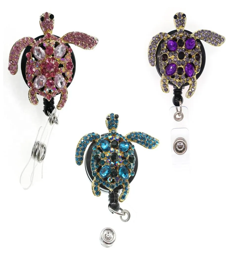 Hela nyckelringar högkvalitativa Rhinestone sjuksköterska Vackra sköldpaddan Animal Card Dractable Badge Reel ID Holder för dekoration8533025