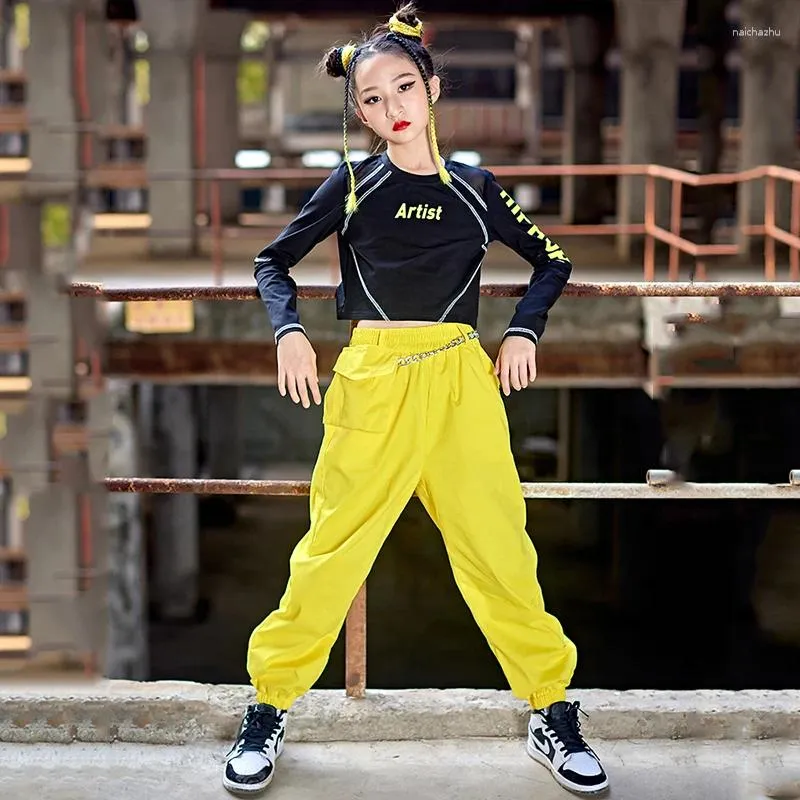 Stage Wear Ragazze Abiti da ballo Hip Hop Summer Jazz Crop Top Pantaloni Hiphop gialli Bambino Street Costume Pratica da ballo BL8106