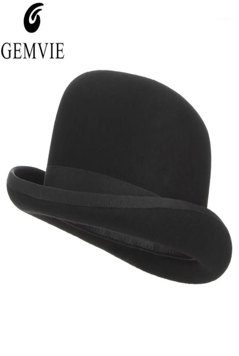 Gemvie 4サイズ100ウールフェルト男性のための黒いボウラー帽子サテンlinedファッションパーティーフォーマルフェドーラコスチュームマジシャンCap14355987