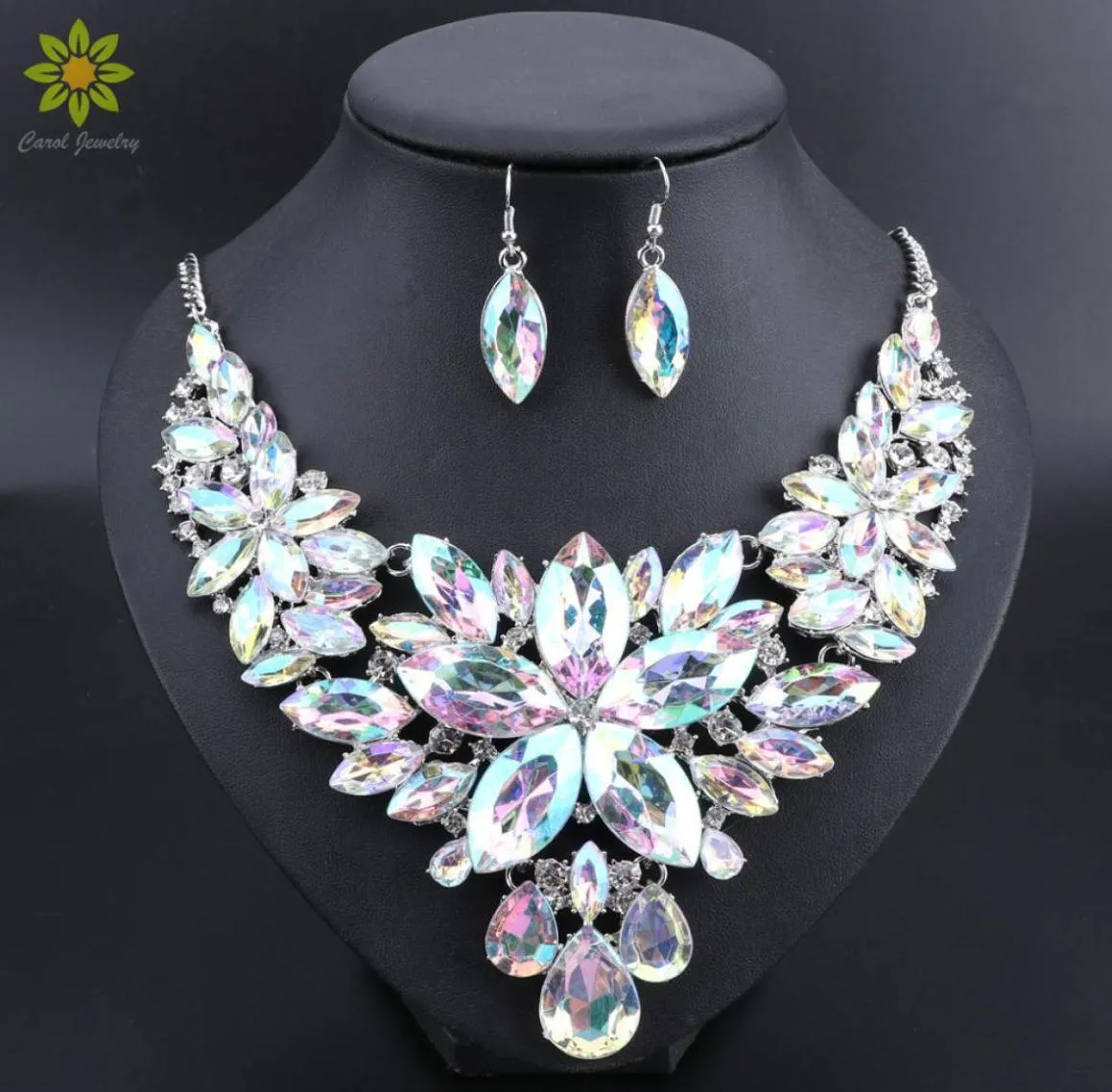 Nya lyxiga indiska brudsmycken set bröllopsfest kostym smycken kvinnor mode gåvor blomma kristall halsband örhängen set 24291803