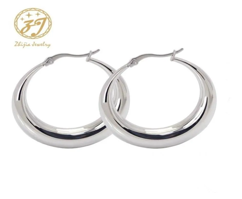Pendientes de joyería de acero inoxidable Zhijia, pendientes de aro pequeños redondos simples e informales gruesos de plata para mujer 8417955