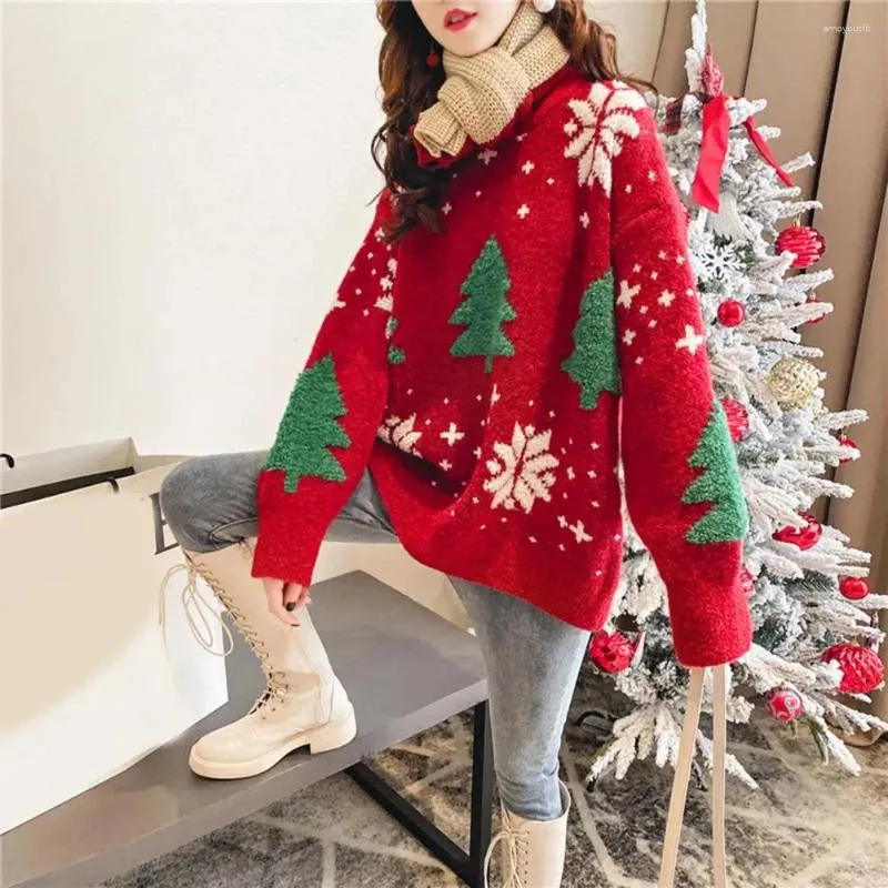 Women's Sweaters Lady Thick Sweater Winter Cozy Christmas Knit Round Neck Festive Tree Print Soft Warm For