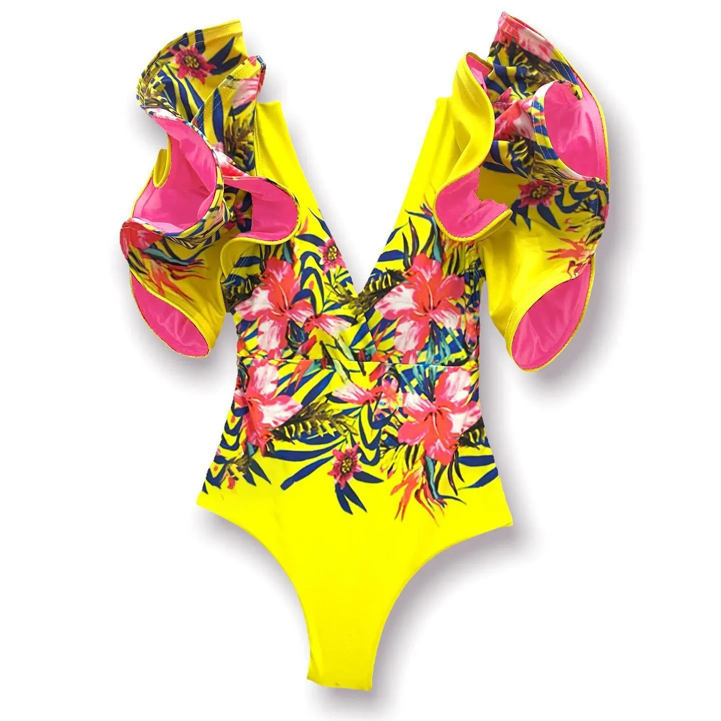 Wear One Piece Swimsuit 2023 Sexy Shoulder Ruffle Swimwear Women Swimsuit Yellow Tie Dye Bathing Suit Beachwear Monokini Swim