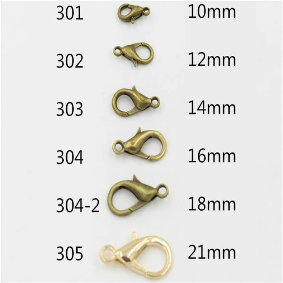 Imitacja całego 1000pcs Rhodium Wyplanowany 10 mm 12 mm 14 mm 16 mm 18 mm 21 mm 23 mm 23 mm 24 mm Cynk Cybster Hobster Hooks Hooks Findi200f