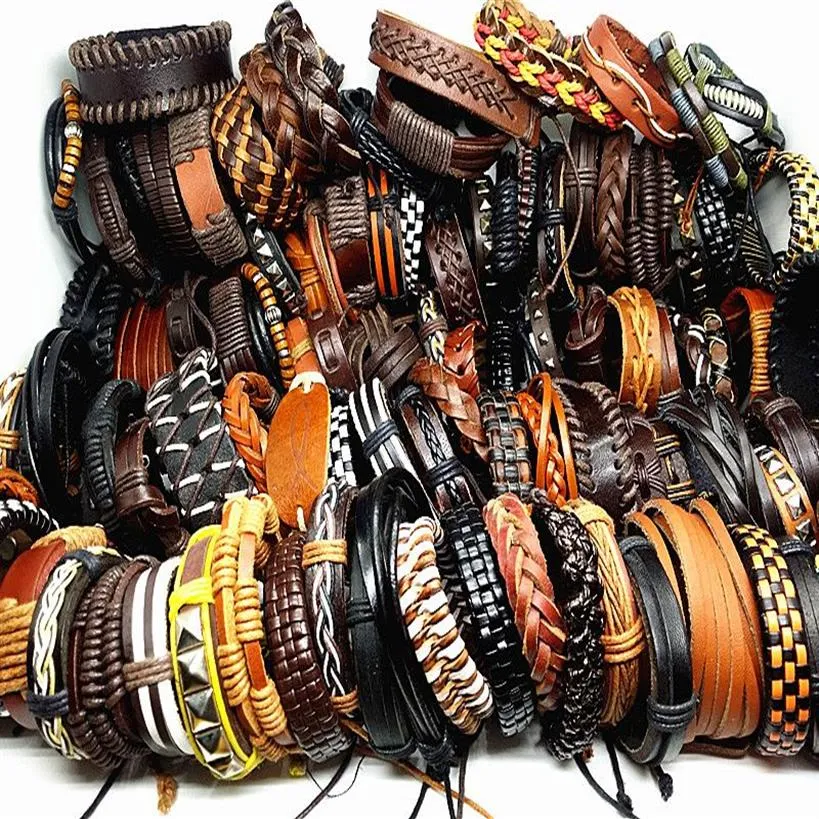 Bracelets en cuir véritable pour hommes, lot de 100 pièces, mélange de styles, fait à la main, manchette en cuir véritable, tribus ethniques, à la mode, marque new234d